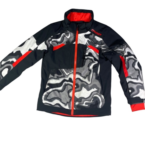 Spyder Boys Ski Jacket Size 10 Black Grey Orange Camo Full Zip Winter Coat - Picture 9 of 9